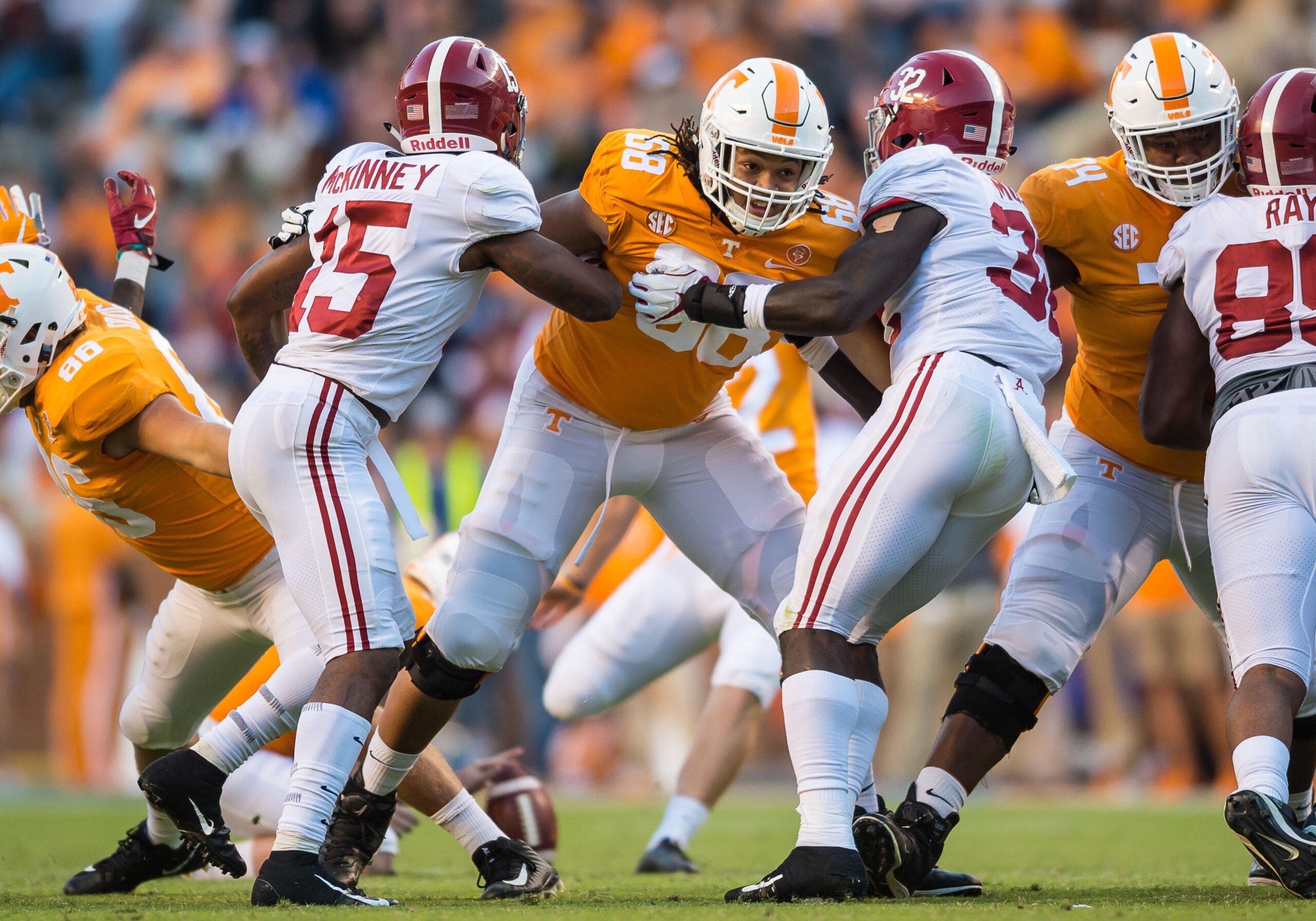 Oct 20, 2018; Knoxville, TN, USA; Tennessee Volunteers offensive lineman Marcus Tatum (68) blocks Alabama Crimson Tide defensive back Xavier McKinney (15) and linebacker Dylan Moses (32) on an extra point try at Neyland Stadium. Alabama defeated the Vols 58-21.