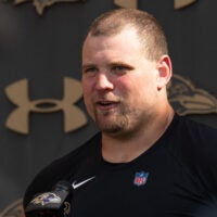 Jul 27, 2022; Owings Mills, MD, USA; Baltimore Ravens offensive guard Kevin Zeitler (70) speaks with the media after day one of training camp at Under Armour Performance Center.
