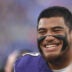 Aug 11, 2022; Baltimore, Maryland, USA; Baltimore Ravens offensive tackle Daniel Faalele (77) smiles during the first half against the Tennessee Titans at M&T Bank Stadium.