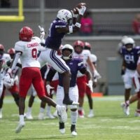 Stephen F. Austin Lumberjacks defensive back Charles Demmings (21) intercepts a pass as Jacksonville State Gamecocks take on Stephen F. Austin Lumberjacks during the FCS Kickoff at Cramton Bowl in Montgomery, Ala., on Saturday, Aug. 27, 2022. Jacksonville State Gamecocks lead Stephen F. Austin Lumberjacks 21-17.