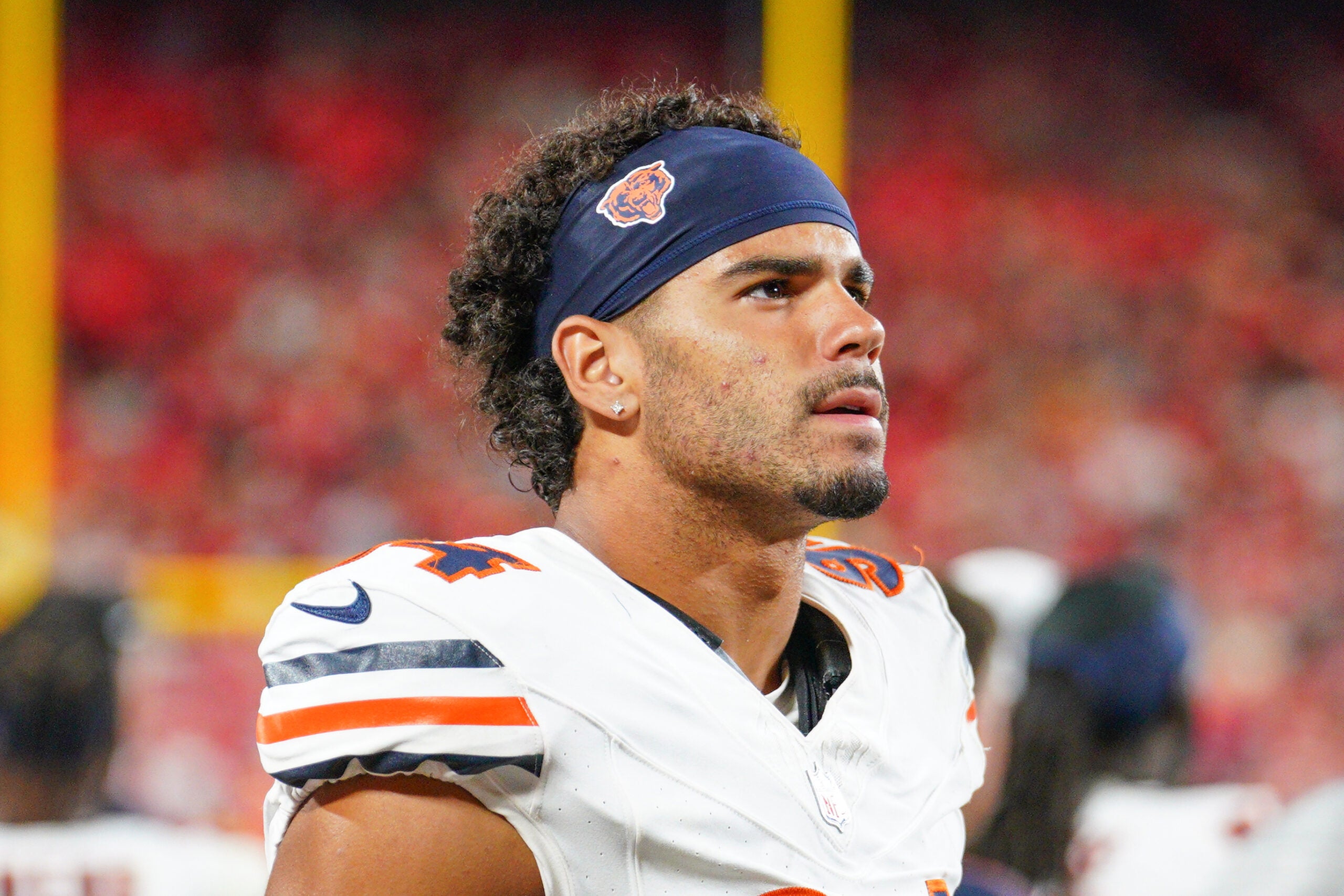 Aug 22, 2024; Kansas City, Missouri, USA; Chicago Bears defensive lineman Austin Booker (94) on the sidelines against the Kansas City Chiefs during the game at GEHA Field at Arrowhead Stadium.