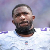 Sep 8, 2024; East Rutherford, New Jersey, USA; Minnesota Vikings linebacker Jonathan Greenard (58) looks on during the second half against the New York Giants at MetLife Stadium.