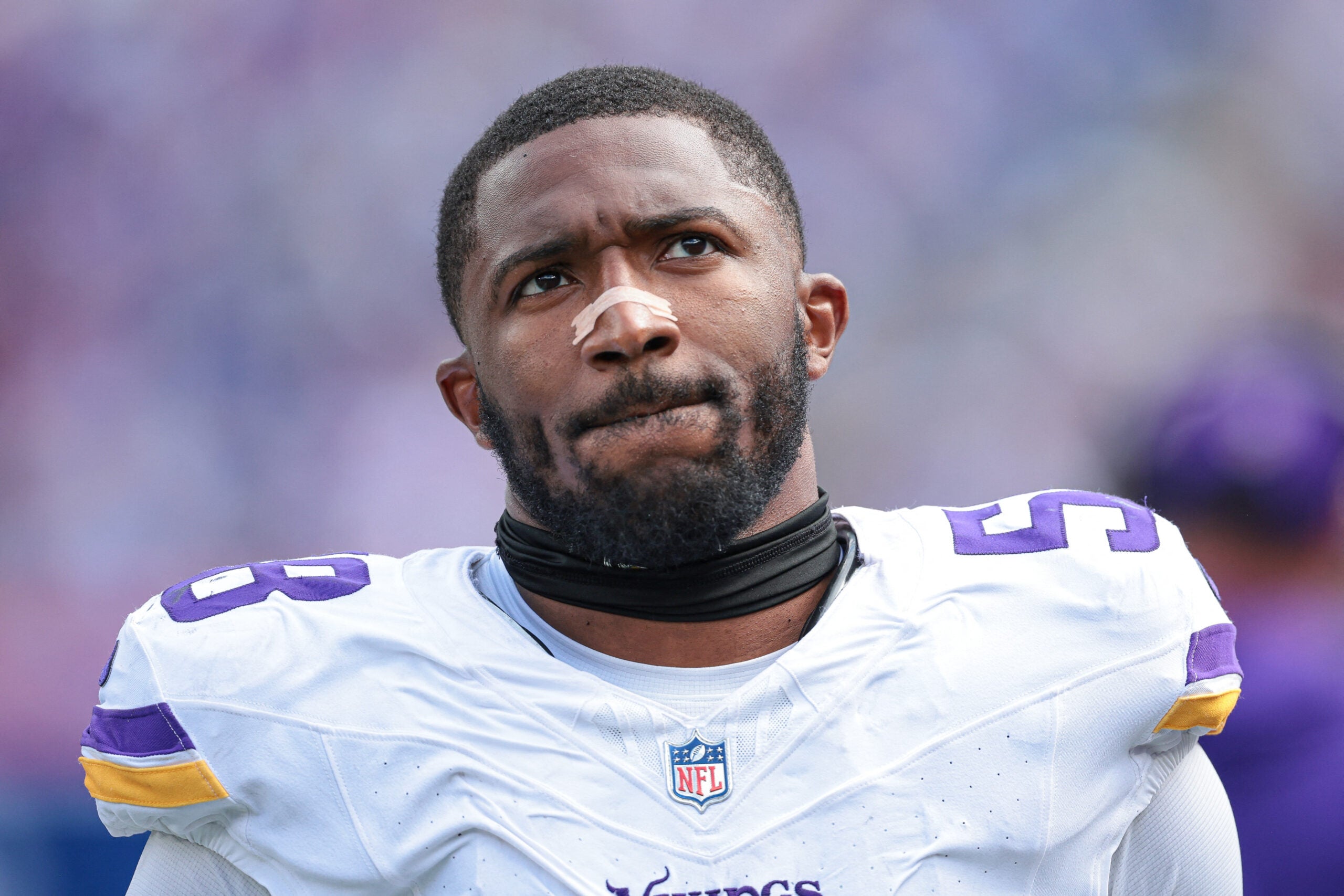 Sep 8, 2024; East Rutherford, New Jersey, USA; Minnesota Vikings linebacker Jonathan Greenard (58) looks on during the second half against the New York Giants at MetLife Stadium.