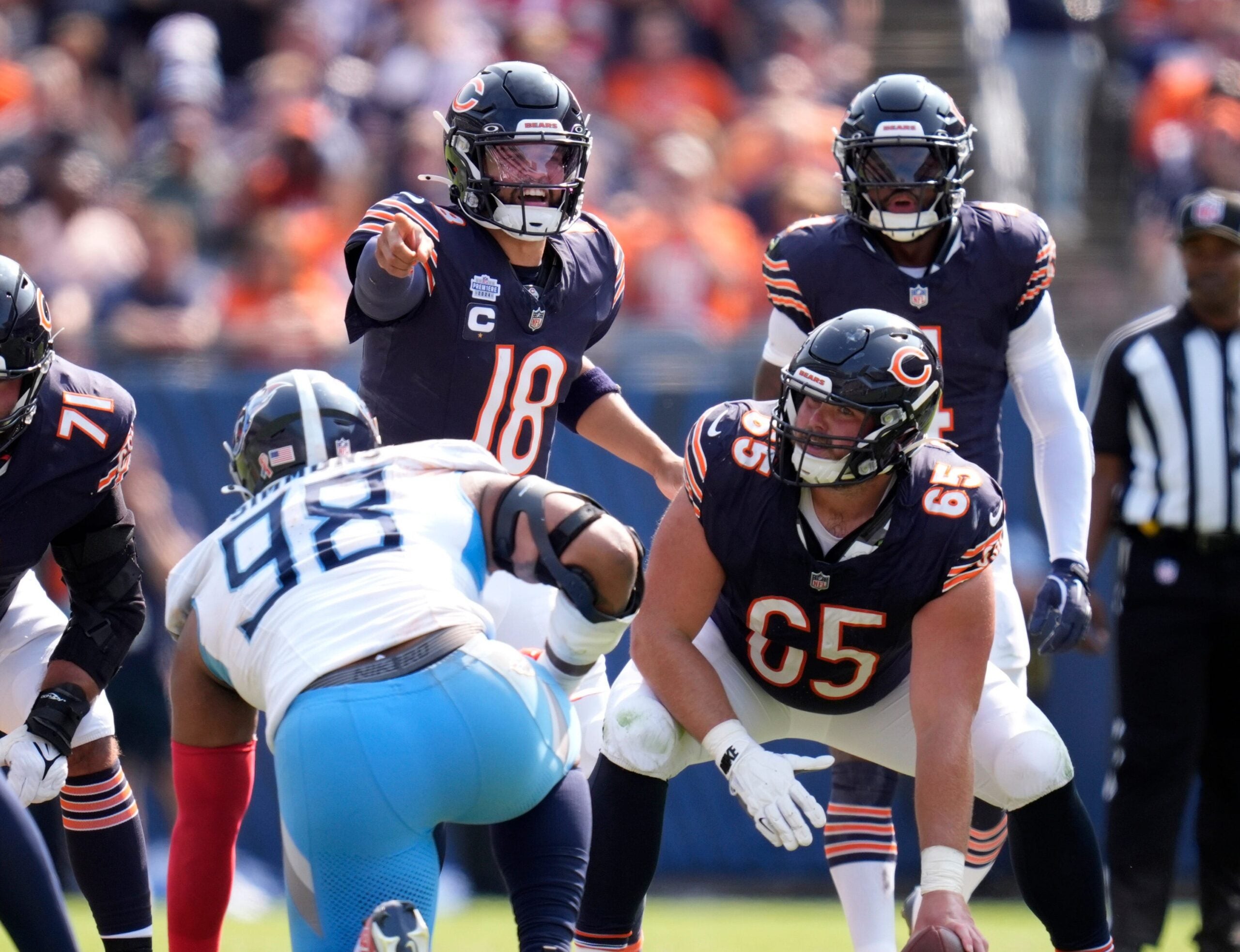 Chicago Bears quarterback Caleb Williams (18) comes to the line against the Tennessee Titans during the fourth quarter at Soldier Field in Chicago, Ill., Sunday, Sept. 8, 2024.
