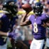 Sep 15, 2024; Baltimore, Maryland, USA; Baltimore Ravens quarterback Lamar Jackson (8) throws looks to throw wide receiver Zay Flowers (4) during the first half against the Las Vegas Raiders at M&T Bank Stadium.