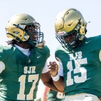 Paramus Catholic football at St. Joseph Regional, Saturday, Sept. 21, 2024, Montvale, New Jersey. From left, St. Joseph's #17 Tahj Gray and #15 Lamar Best celebrate a touchdown.
