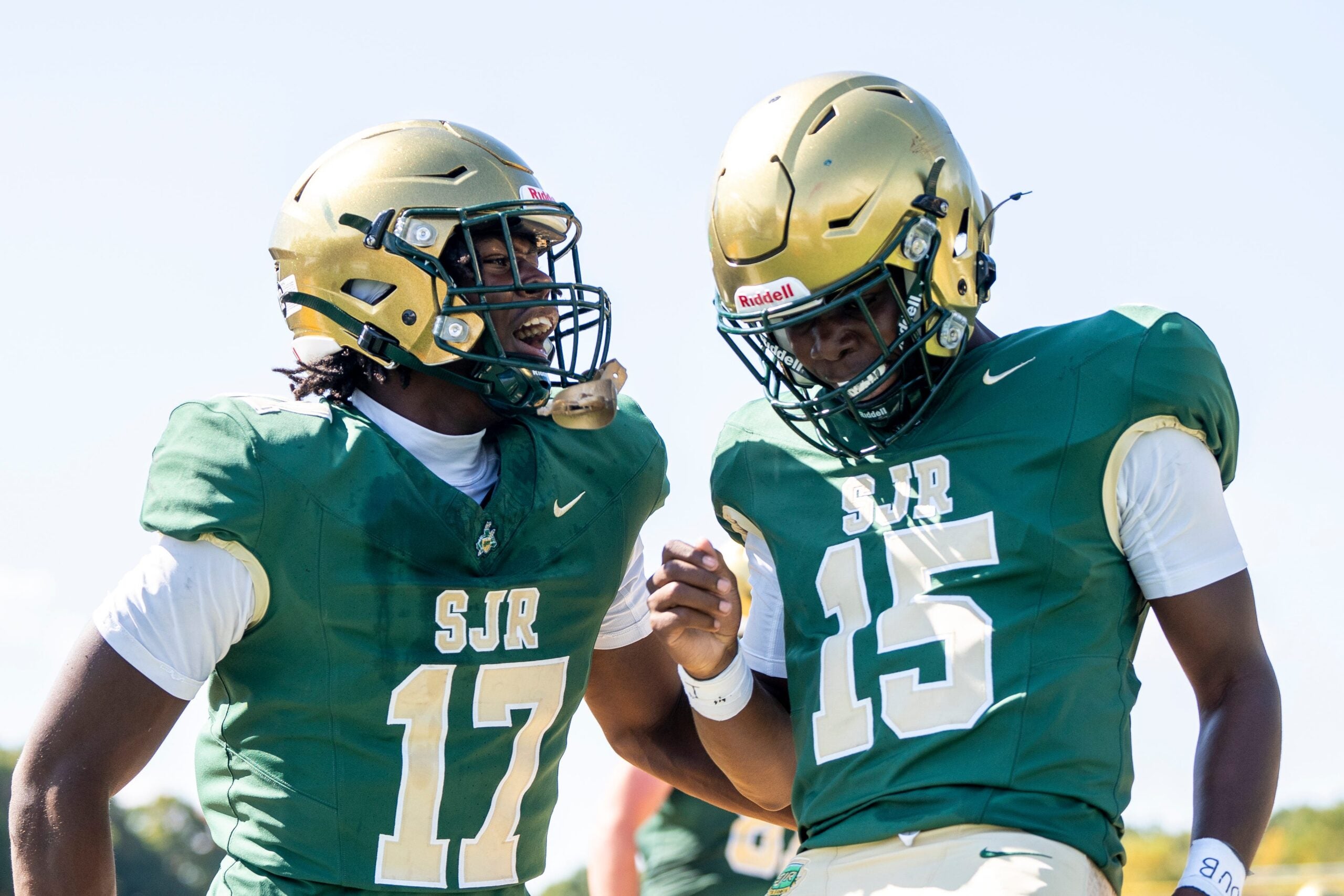 Paramus Catholic football at St. Joseph Regional, Saturday, Sept. 21, 2024, Montvale, New Jersey. From left, St. Joseph's #17 Tahj Gray and #15 Lamar Best celebrate a touchdown.