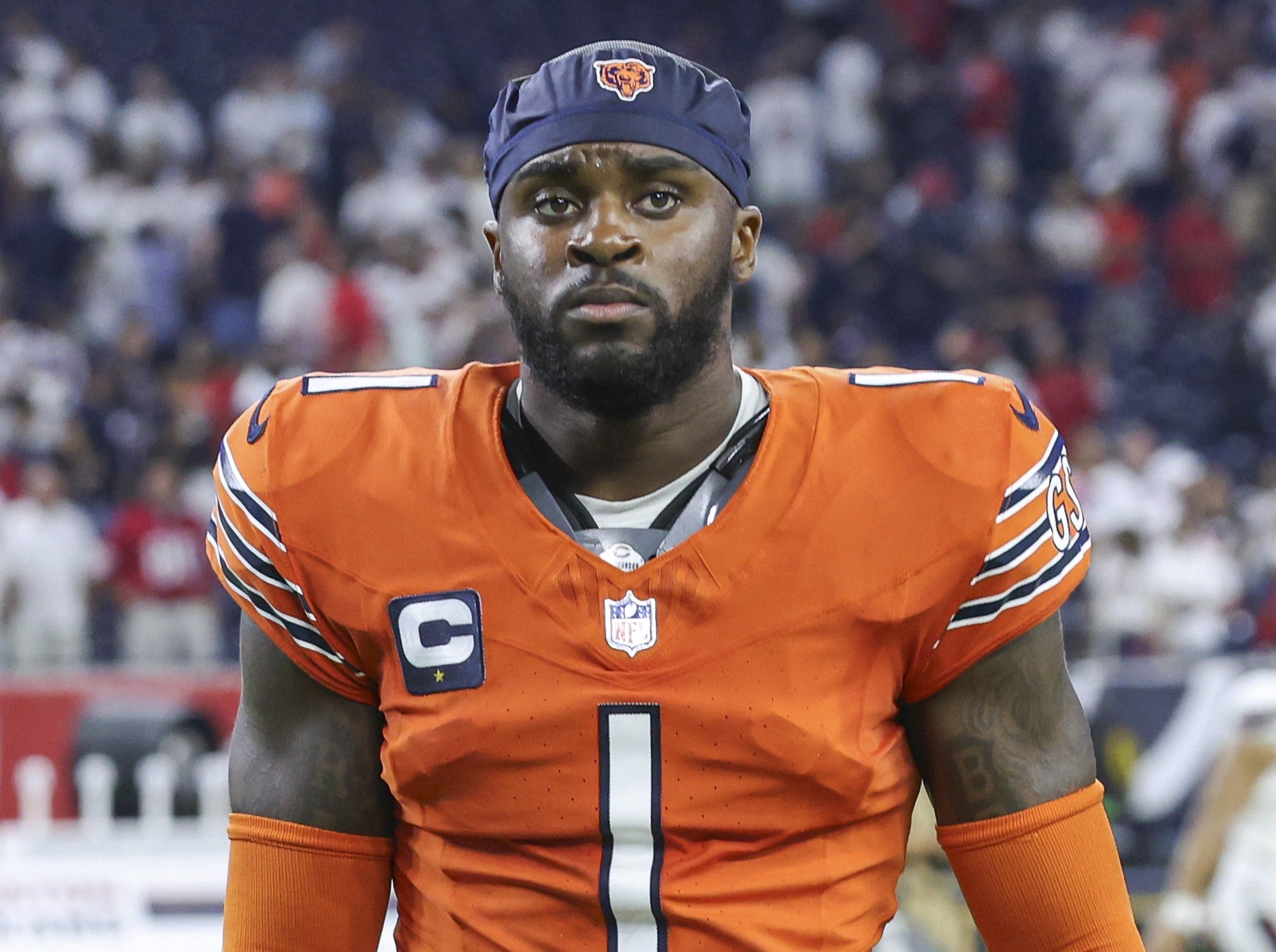 Sep 15, 2024; Houston, Texas, USA; Chicago Bears cornerback Jaylon Johnson (1) after the game against the Houston Texans at NRG Stadium.