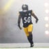 Sep 22, 2024; Pittsburgh, Pennsylvania, USA; Pittsburgh Steelers linebacker Elandon Roberts (50) reacts as he takes the field against the Los Angeles Chargers at Acrisure Stadium.