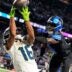 Detroit Lions cornerback Terrion Arnold (0) breaks a pass intended for Seattle Seahawks wide receiver Tyler Lockett (16) during the second half at Ford Field in Detroit on Monday, Sept. 30, 2024.
