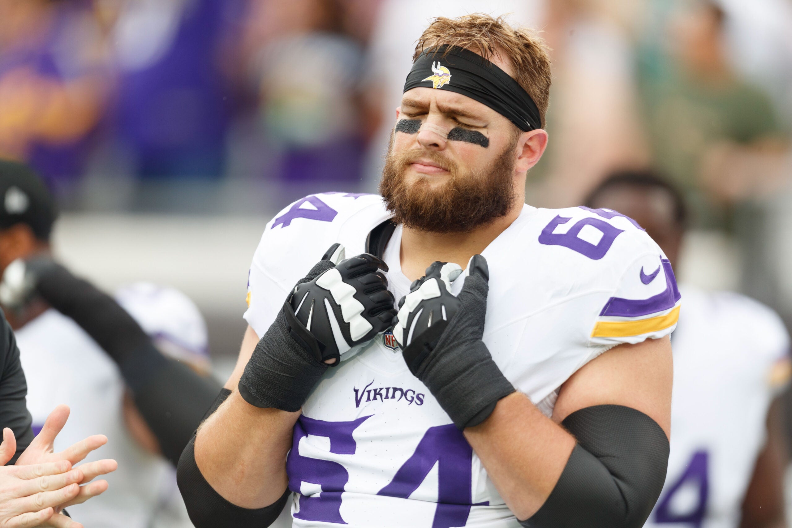Nov 10, 2024; Jacksonville, Florida, USA; Minnesota Vikings guard Blake Brandel (64) before the game against the Jacksonville Jaguars at EverBank Stadium.