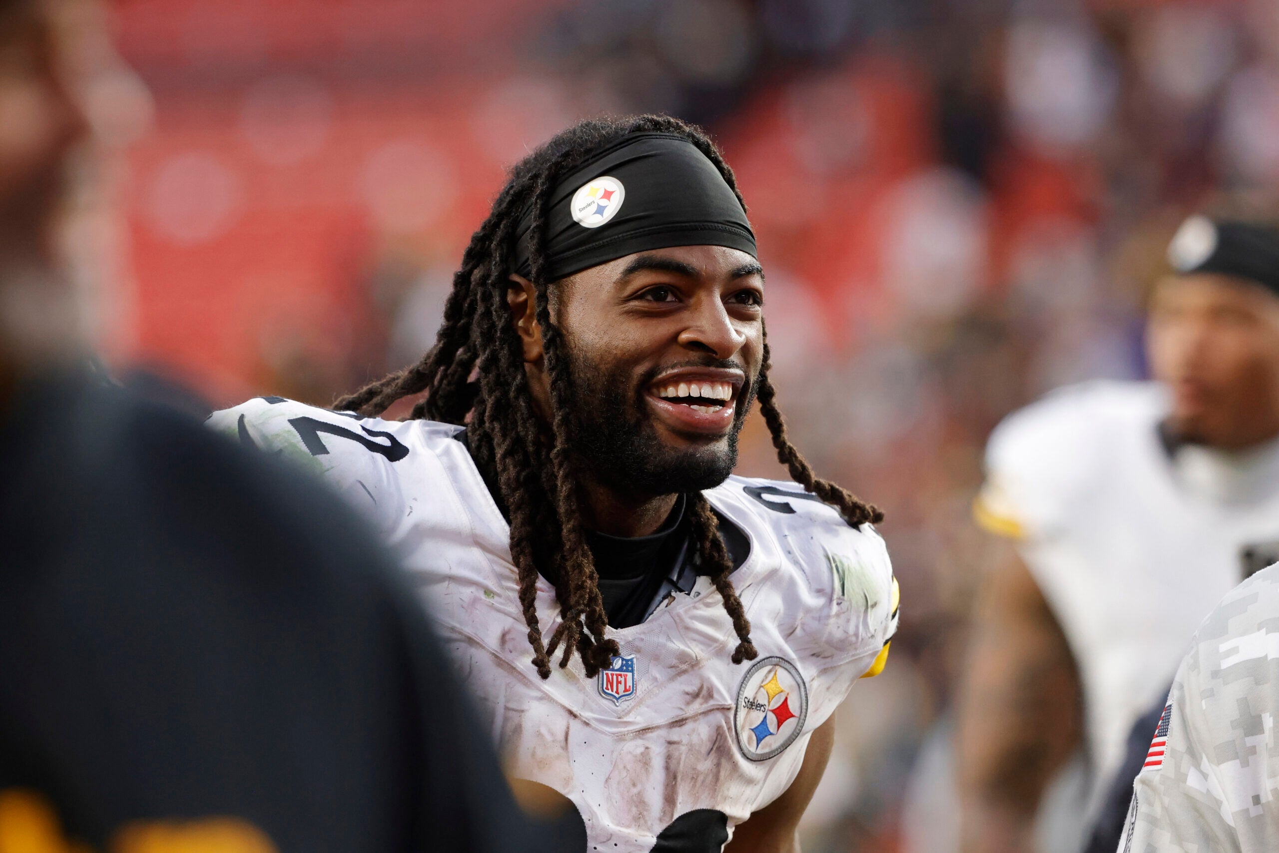 Nov 10, 2024; Landover, Maryland, USA; Pittsburgh Steelers running back Najee Harris (22) walks off the field after defeating the Washington Commanders at Northwest Stadium.