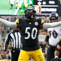 Nov 17, 2024; Pittsburgh, Pennsylvania, USA; Pittsburgh Steelers linebacker Elandon Roberts (50) reacts after stopping the Baltimore Ravens on a two point conversion attempt during the fourth quarter at Acrisure Stadium.