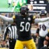 Nov 17, 2024; Pittsburgh, Pennsylvania, USA; Pittsburgh Steelers linebacker Elandon Roberts (50) reacts after stopping the Baltimore Ravens on a two point conversion attempt during the fourth quarter at Acrisure Stadium.