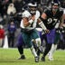 Dec 1, 2024; Baltimore, Maryland, USA; Philadelphia Eagles quarterback Jalen Hurts (1) rushes during the second half against the Baltimore Ravens at M&T Bank Stadium.