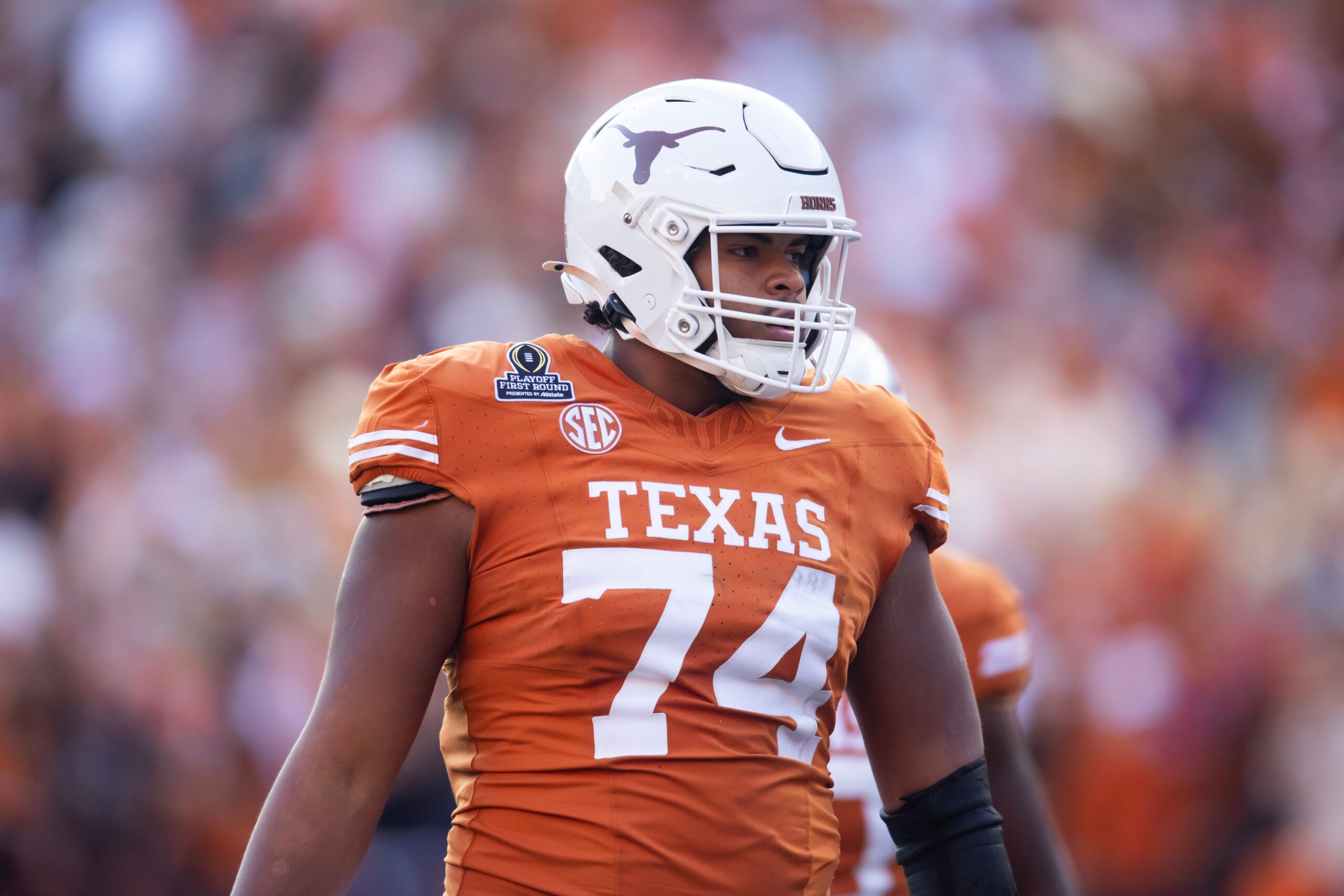 Dec 21, 2024; Austin, Texas, USA; Texas Longhorns offensive lineman Trevor Goosby (74) against the Clemson Tigers during the CFP National playoff first round at Darrell K Royal-Texas Memorial Stadium.