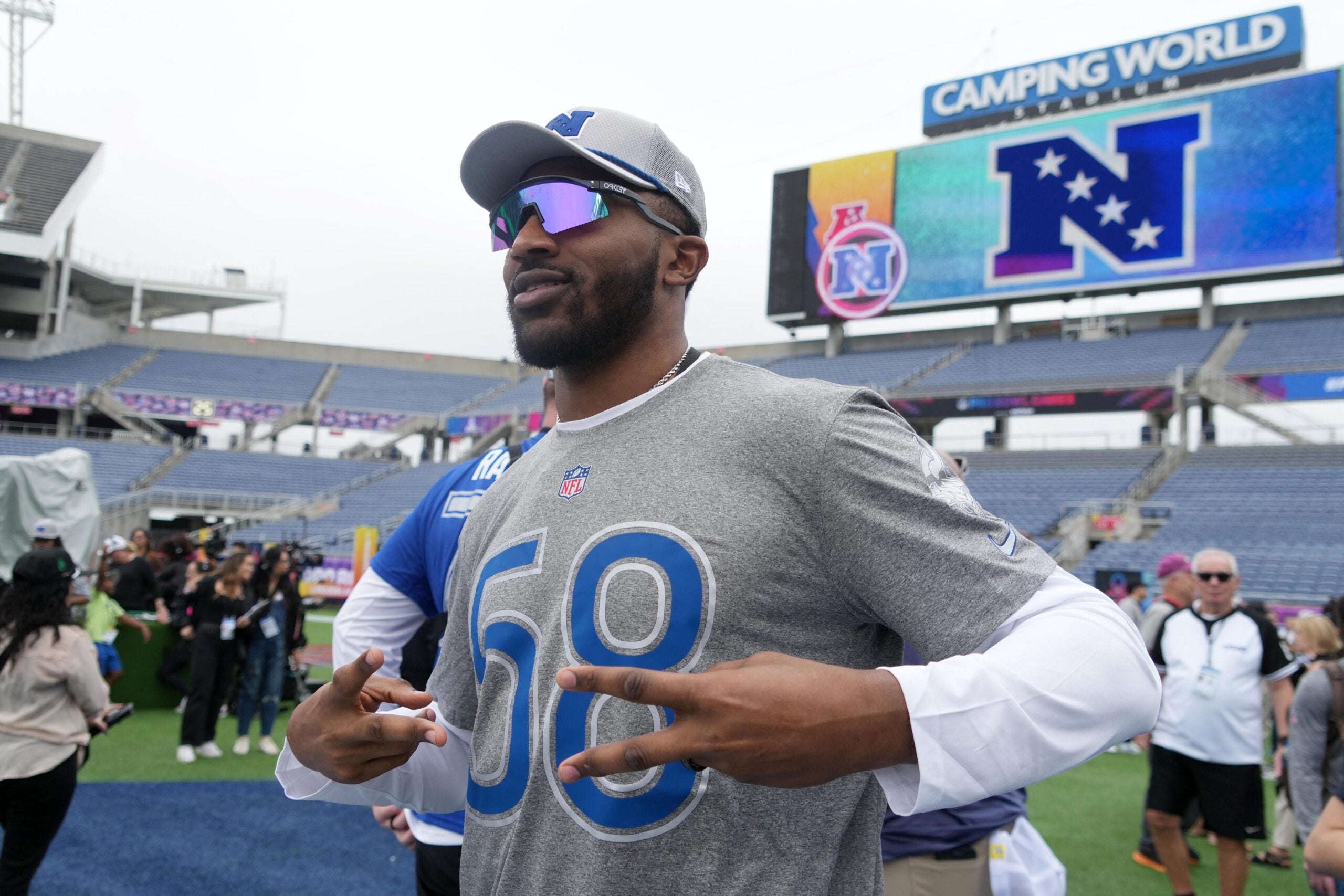 Feb 1, 2025; Orlando, FL, USA; Minnesota Vikings linebacker Jonathan Greenard (58) poses during NFC Practice for the Pro Bowl Games at Camping World Stadium.