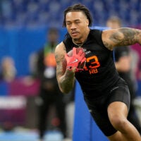 Mar 1, 2025; Indianapolis, IN, USA; Arkansas running back Ja'Quinden Jackson (RB13) during the 2025 NFL Combine at Lucas Oil Stadium.
