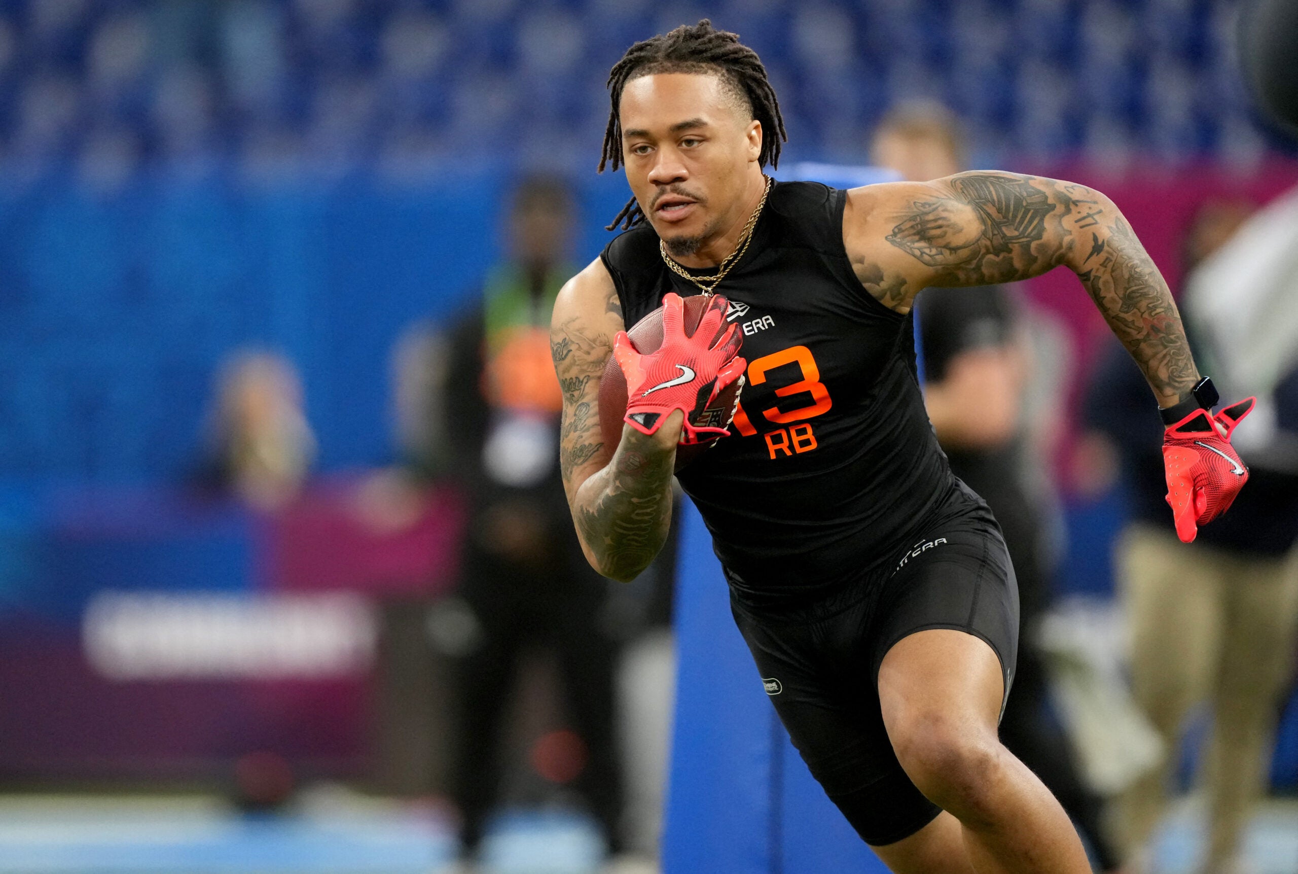 Mar 1, 2025; Indianapolis, IN, USA; Arkansas running back Ja'Quinden Jackson (RB13) during the 2025 NFL Combine at Lucas Oil Stadium.