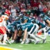 Feb 9, 2025; New Orleans, LA, USA; Philadelphia Eagles quarterback Jalen Hurts (1) lines up for the tush push play on the goal line against the Kansas City Chiefs during Super Bowl LIX at Ceasars Superdome.