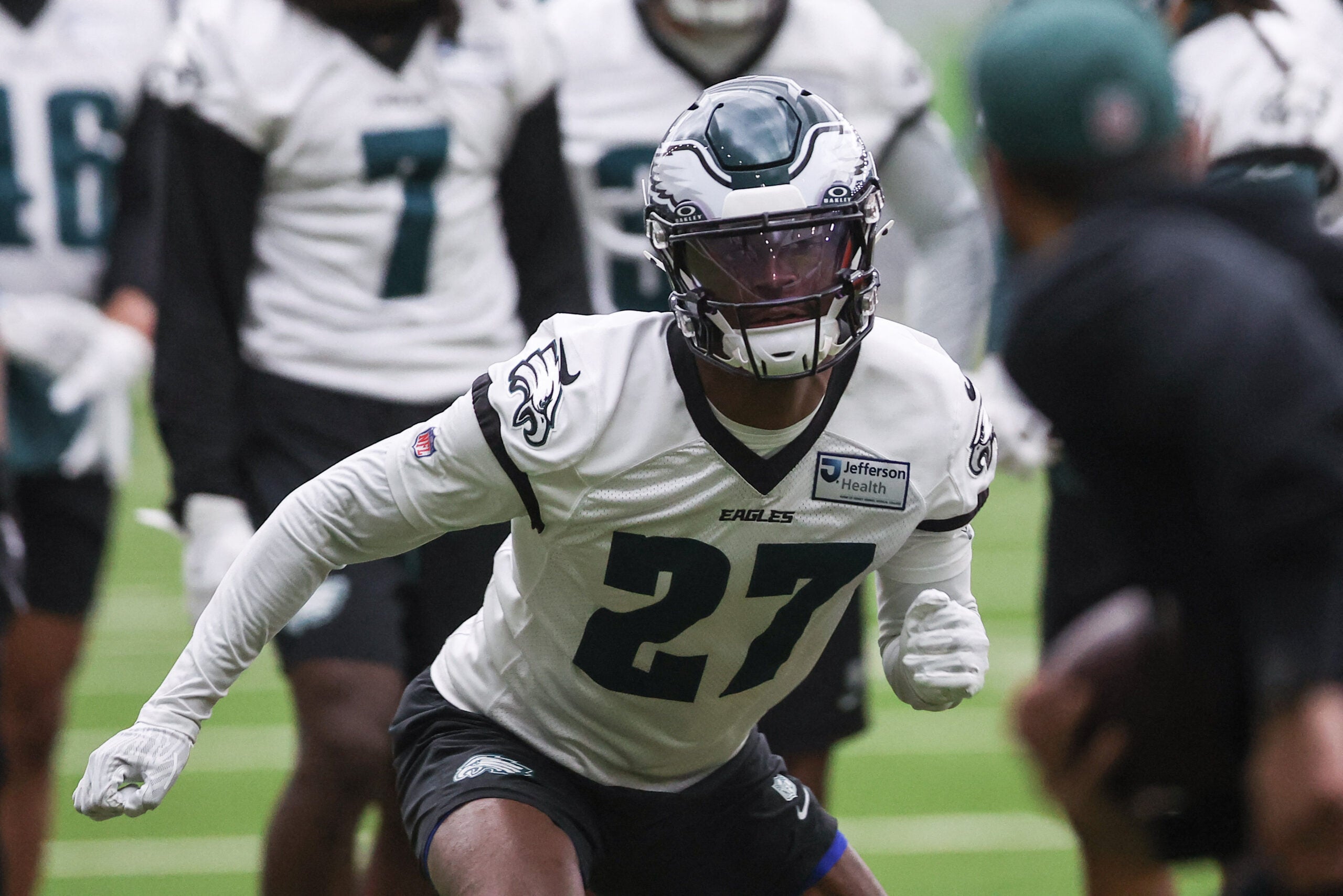 May 28, 2025; Philadelphia, PA, USA; Philadelphia Eagles cornerback Quinyon Mitchell (27) practices during OTAs at NovaCare Complex.