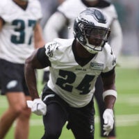 May 28, 2025; Philadelphia, PA, USA; Philadelphia Eagles safety Andrew Mukuba (24) during OTAs at NovaCare Complex.
