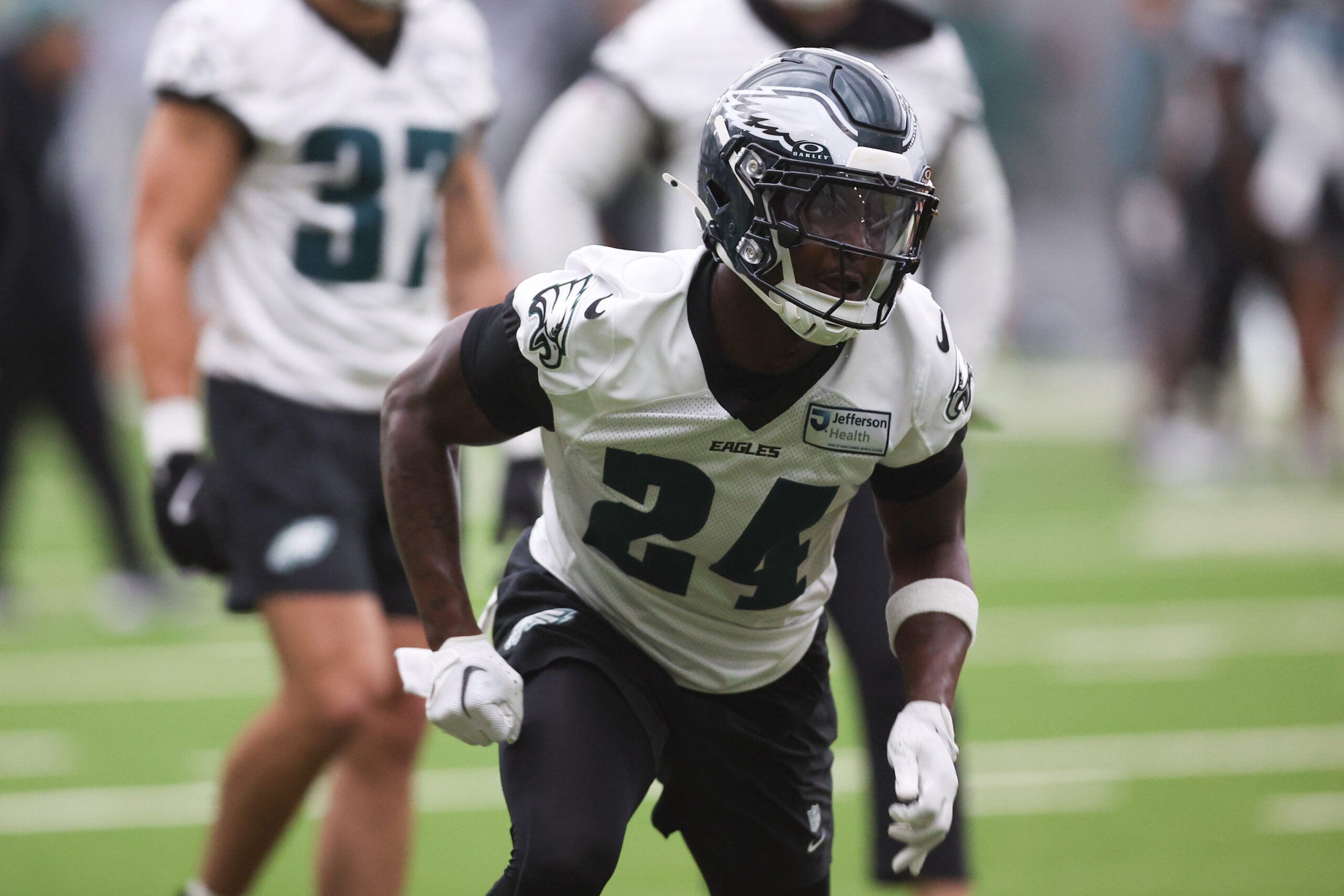 May 28, 2025; Philadelphia, PA, USA; Philadelphia Eagles safety Andrew Mukuba (24) during OTAs at NovaCare Complex.