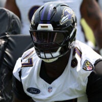 Jun 11, 2025; Baltimore, MD, USA; Baltimore Ravens defensive tackle C.J. Okoye (97) looks on during an NFL OTA at Under Armour Performance Center.