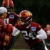Jul 23, 2025; Ashburn, VA, USA; Washington Commanders outside linebacker Von Miller (24) participates in a drill with Commanders pass rush specialist/assistant linebackers coach Ryan Kerrigan during practice on day one of training camp at OrthoVirginia Training Center at Commanders Park.