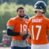 Jul 23, 2025; Lake Forest, IL, USA; Chicago Bears quarterback Caleb Williams (18) chats with quarterback Tyson Bagent (17) during training camp at Halas Hall.