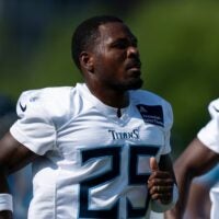 Tennessee Titans safety Xavier Woods (25) runs through drills during the Tennessee Titans second day of training camp at Ascension Saint Thomas Sports Park in Nashville, Tenn., Thursday, July 24, 2025.
