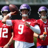 Jul 29, 2025; Eagan, MN, USA; Minnesota Vikings quarterback J.J. McCarthy (9) takes part in drills during the teams training camp at the Minnesota Vikings Training Facility.
