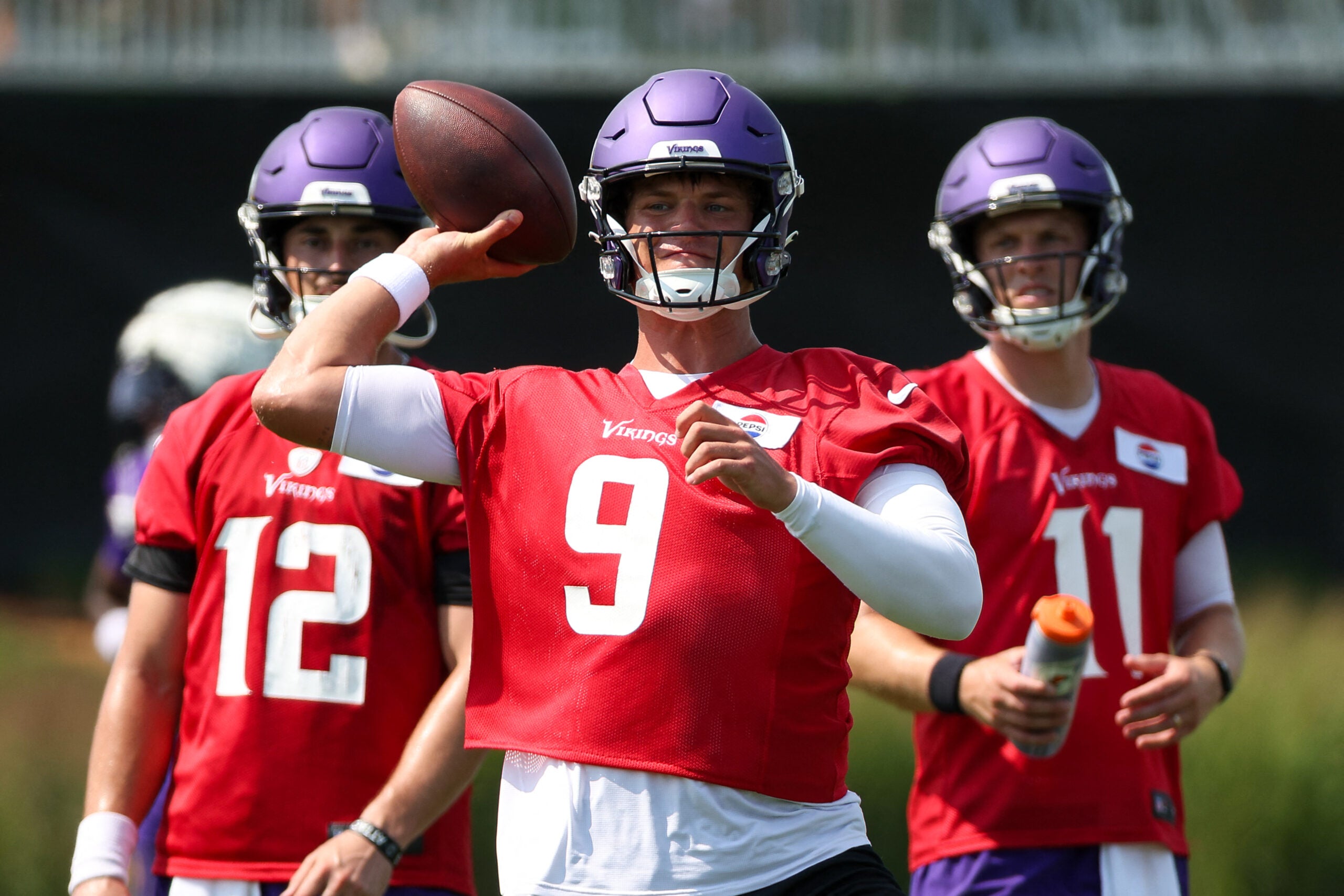 Jul 29, 2025; Eagan, MN, USA; Minnesota Vikings quarterback J.J. McCarthy (9) takes part in drills during the teams training camp at the Minnesota Vikings Training Facility.
