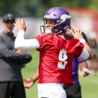 Jul 29, 2025; Eagan, MN, USA; Minnesota Vikings quarterback J.J. McCarthy (9) takes part in drills during the teams training camp at the Minnesota Vikings Training Facility.