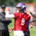Jul 29, 2025; Eagan, MN, USA; Minnesota Vikings quarterback J.J. McCarthy (9) takes part in drills during the teams training camp at the Minnesota Vikings Training Facility.