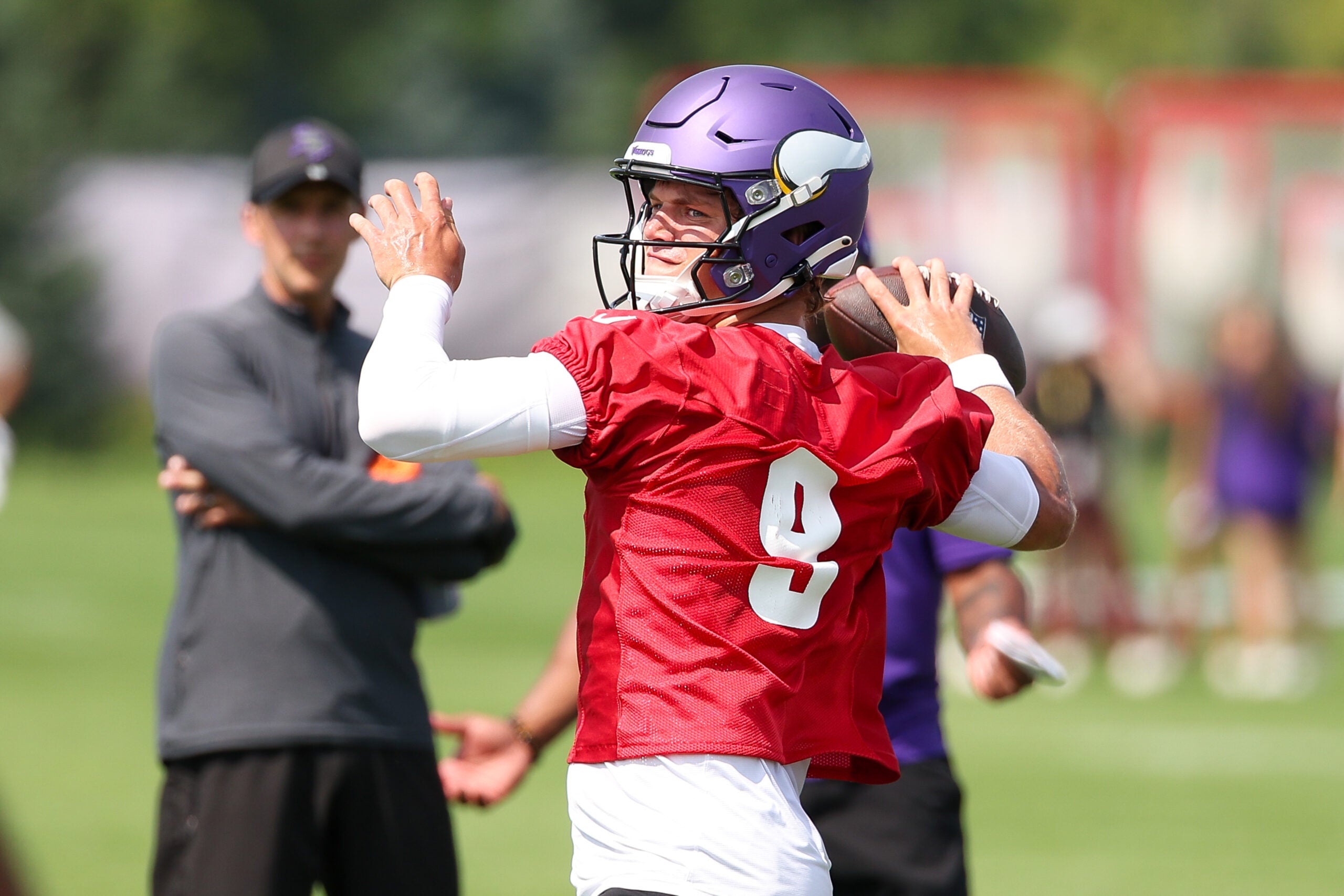 Jul 29, 2025; Eagan, MN, USA; Minnesota Vikings quarterback J.J. McCarthy (9) takes part in drills during the teams training camp at the Minnesota Vikings Training Facility.