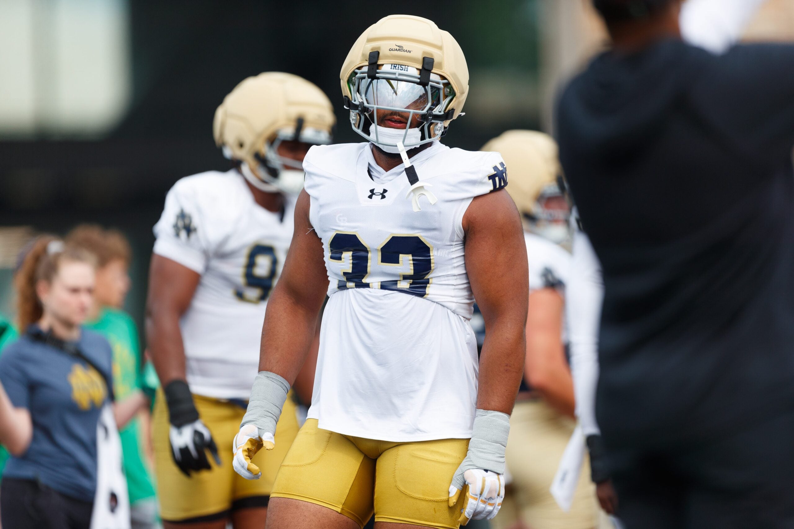 Notre Dame defensive lineman Christopher Burgess Jr. (33) during a football practice at Irish Athletic Center on Thursday, July 31, 2025, in South Bend.