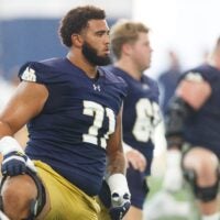 Notre Dame Styles Prescod (71) warms up during a football practice at Irish Athletic Center on Thursday, July 31, 2025, in South Bend.