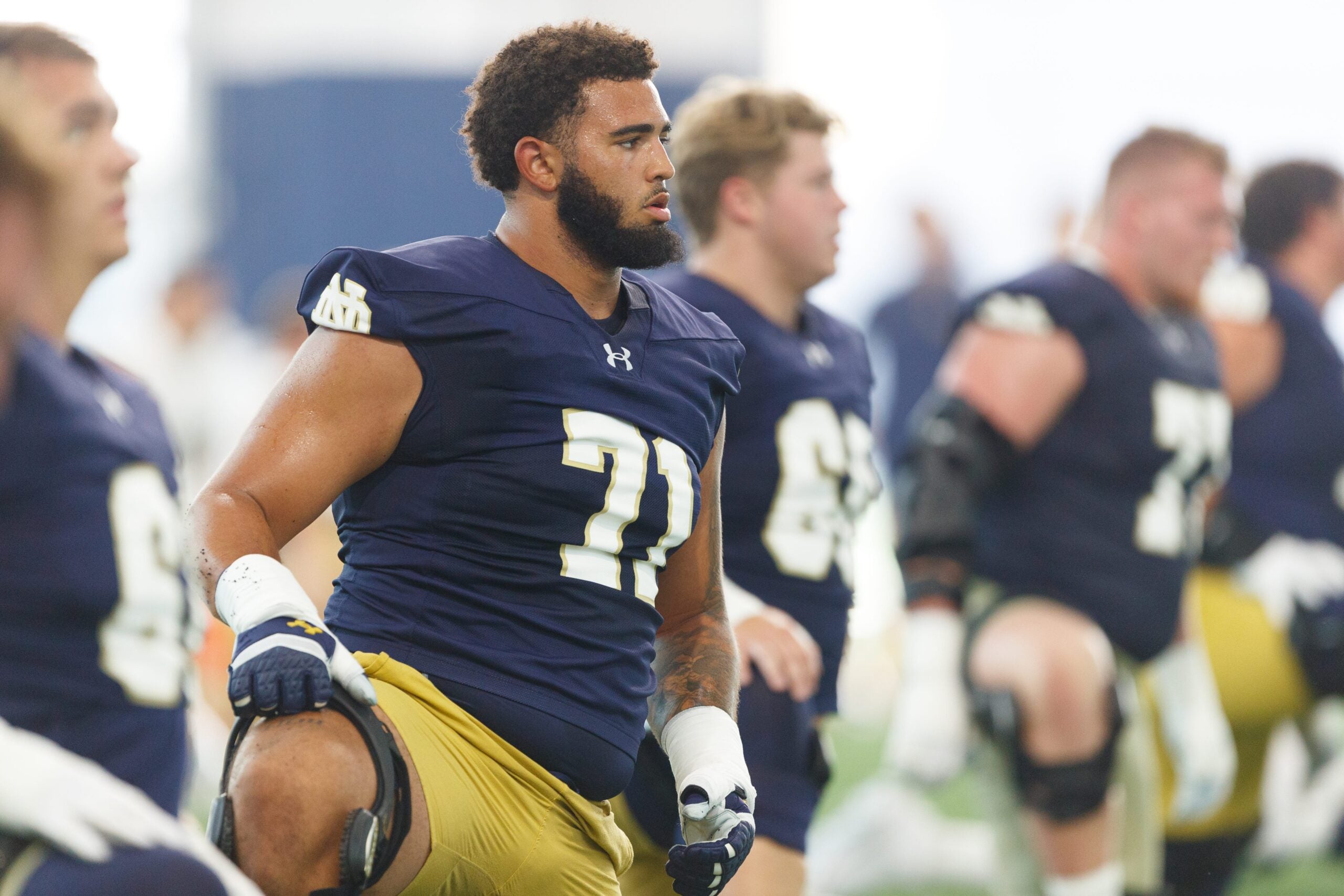 Notre Dame Styles Prescod (71) warms up during a football practice at Irish Athletic Center on Thursday, July 31, 2025, in South Bend.