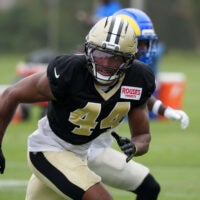 Aug 14, 2025; Carson, CA, USA; New Orleans Saints linebacker Isaiah Stalbird (44) during a joint practice against the Los Angeles Rams at the Dignity Health Sports Park.