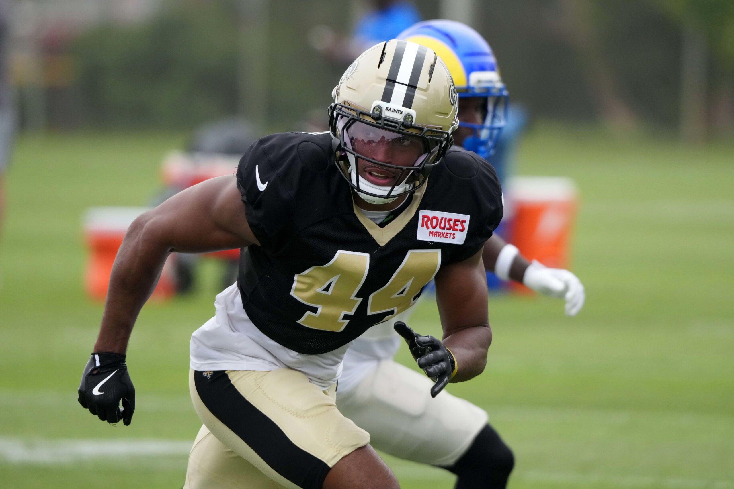 Aug 14, 2025; Carson, CA, USA; New Orleans Saints linebacker Isaiah Stalbird (44) during a joint practice against the Los Angeles Rams at the Dignity Health Sports Park.