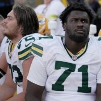 Green Bay Packers offensive tackle Anthony Belton (71) is shown during the fourth quarter of their preseason game Saturday, August 23, 2025 at Lambeau Field in Green Bay, Wisconsin. The Green Bay Packers beat the Seattle Seahawks 20-7.
