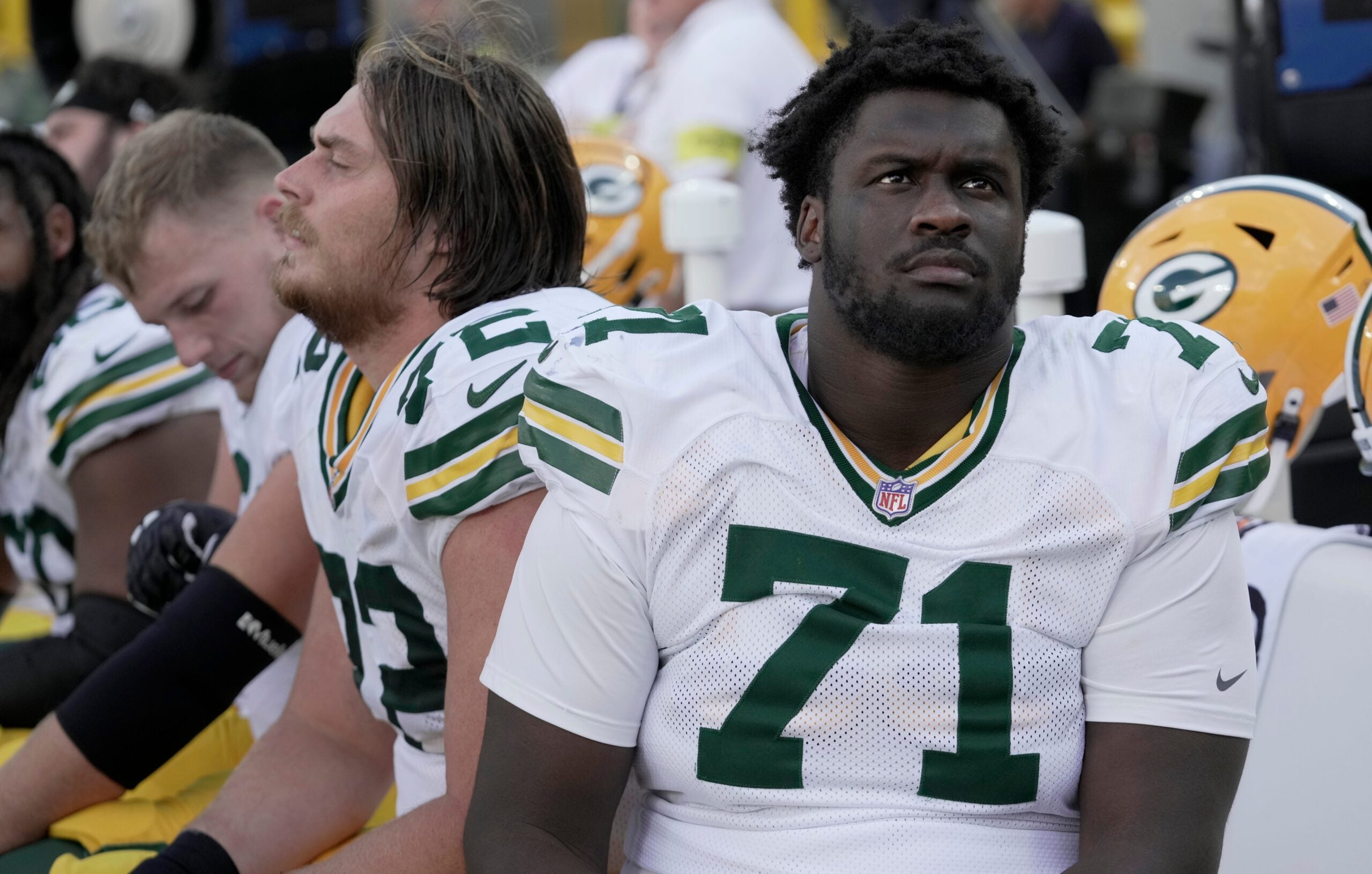 Green Bay Packers offensive tackle Anthony Belton (71) is shown during the fourth quarter of their preseason game Saturday, August 23, 2025 at Lambeau Field in Green Bay, Wisconsin. The Green Bay Packers beat the Seattle Seahawks 20-7.