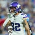 Aug 22, 2025; Nashville, Tennessee, USA; Minnesota Vikings wide receiver Jeshaun Jones (82) celebrates his first down catch against the Tennessee Titan during the first half at Nissan Stadium.