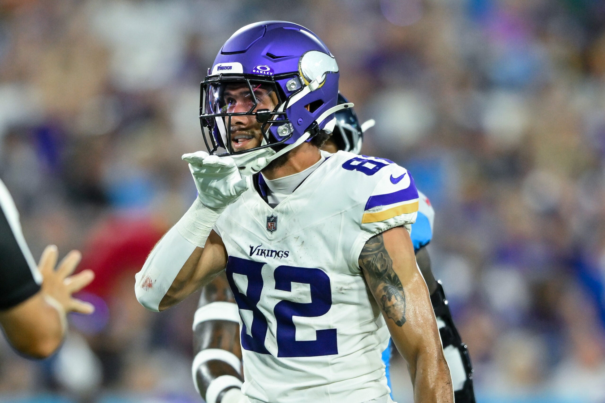Aug 22, 2025; Nashville, Tennessee, USA; Minnesota Vikings wide receiver Jeshaun Jones (82) celebrates his first down catch against the Tennessee Titan during the first half at Nissan Stadium.