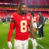 Aug 22, 2025; Kansas City, Missouri, USA; Kansas City Chiefs cornerback Kristian Fulton (8) leaves the field after the game against the Chicago Bears at GEHA Field at Arrowhead Stadium.
