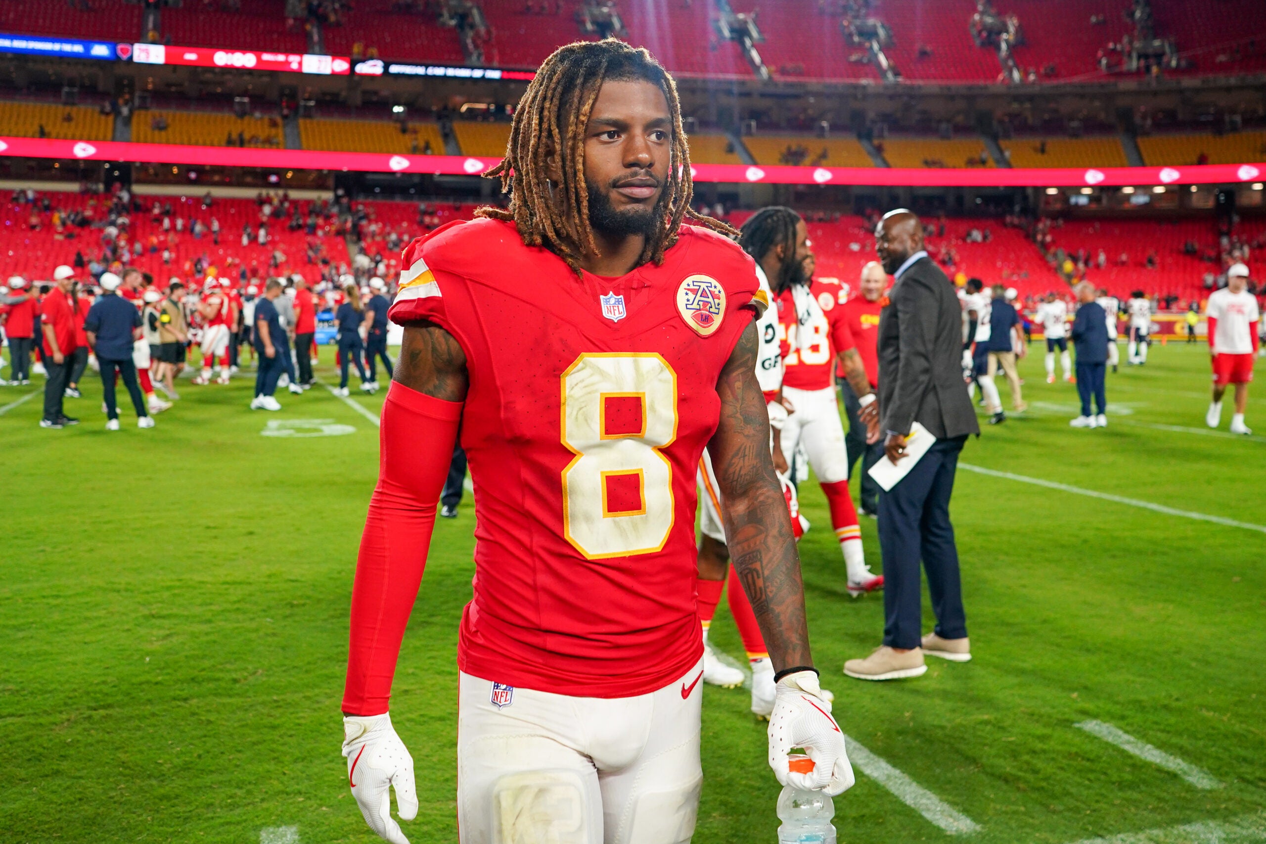 Aug 22, 2025; Kansas City, Missouri, USA; Kansas City Chiefs cornerback Kristian Fulton (8) leaves the field after the game against the Chicago Bears at GEHA Field at Arrowhead Stadium.