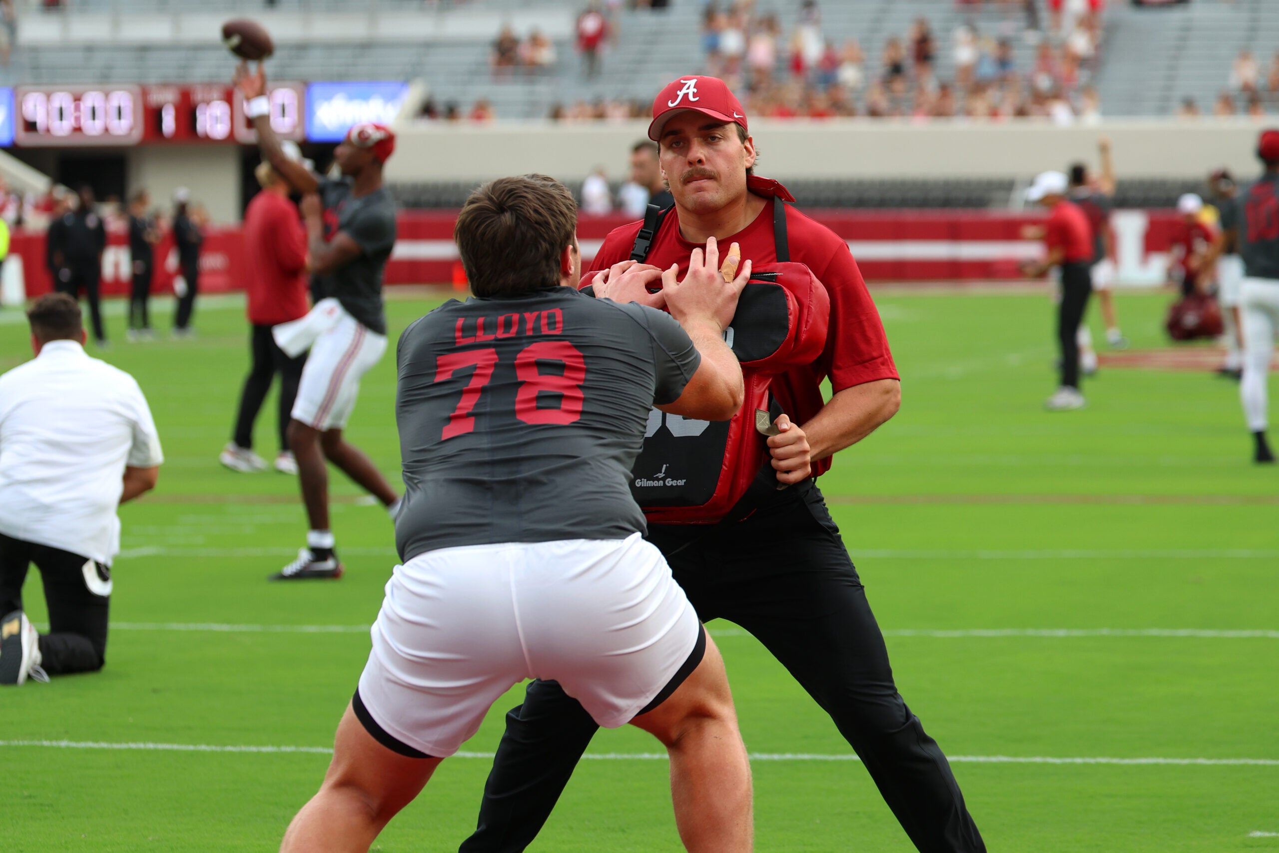 Sep 6, 2025; Tuscaloosa, Alabama, USA; Alabama Crimson Tide offensive lineman Jackson Lloyd (78) warms up before the start of the game against Louisiana Monroe Warhawks at Saban Field at Bryant-Denny Stadium.