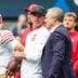 Sep 7, 2025; Seattle, Washington, USA; San Francisco 49ers general manager John Lynch, right, talks with head coach Kyle Shanahan during pregame warmups against the Seattle Seahawks at Lumen Field.