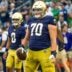 Sep 13, 2025; South Bend, Indiana, USA; Notre Dame Fighting Irish offensive lineman Ashton Craig (70) during warmups before a game against the Texas A&M Aggies at Notre Dame Stadium.
